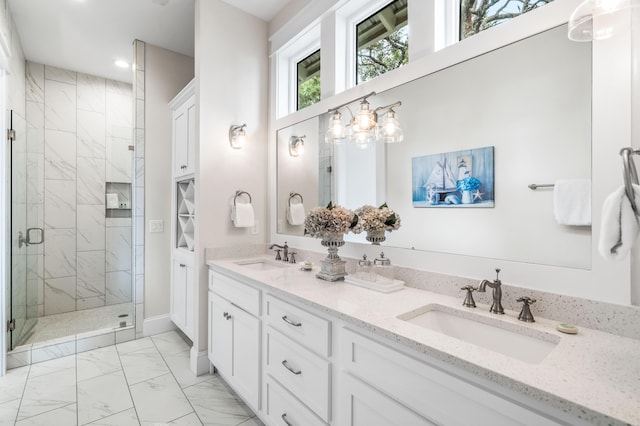 bathroom featuring walk in shower, dual bowl vanity, and tile floors