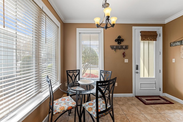 tiled dining area with a notable chandelier and ornamental molding