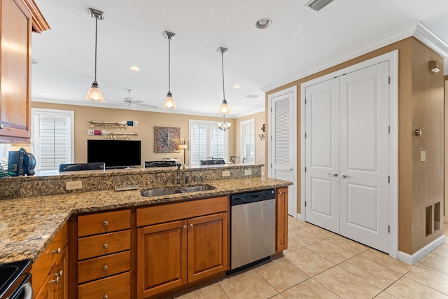 kitchen featuring pendant lighting, sink, dark stone counters, dishwasher, and ceiling fan