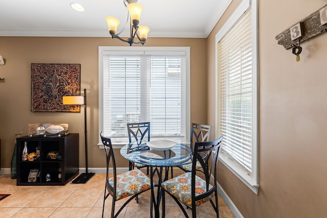 tiled dining room featuring a notable chandelier and crown molding