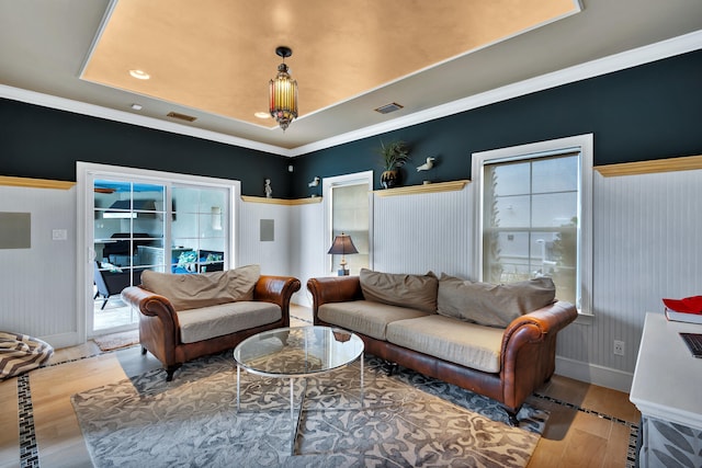 living room with wood-type flooring and a raised ceiling