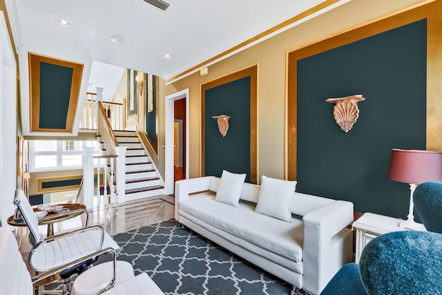 living room with ornamental molding and dark hardwood / wood-style flooring