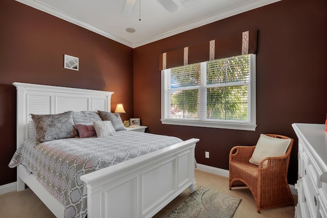 bedroom featuring light carpet, ceiling fan, and ornamental molding