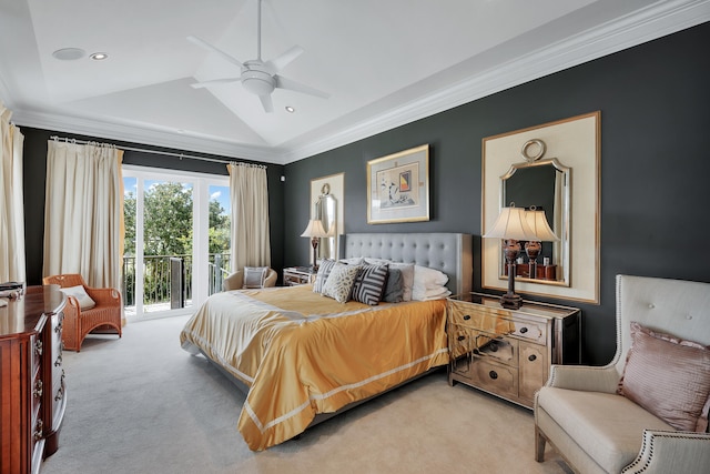 carpeted bedroom with lofted ceiling, ceiling fan, crown molding, and access to outside