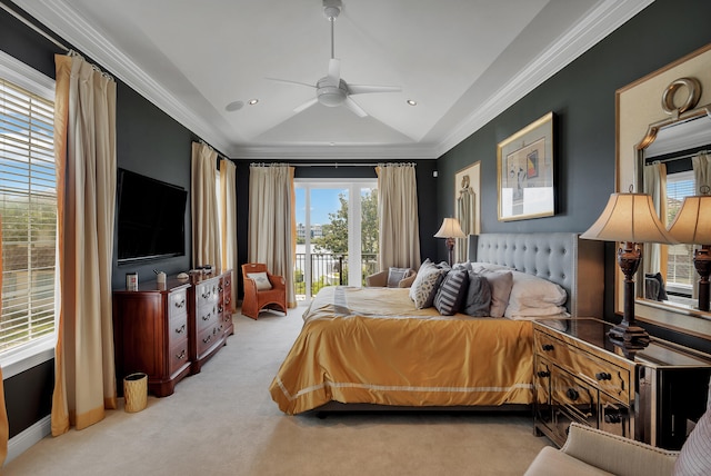 bedroom featuring light colored carpet, ceiling fan, crown molding, and access to outside