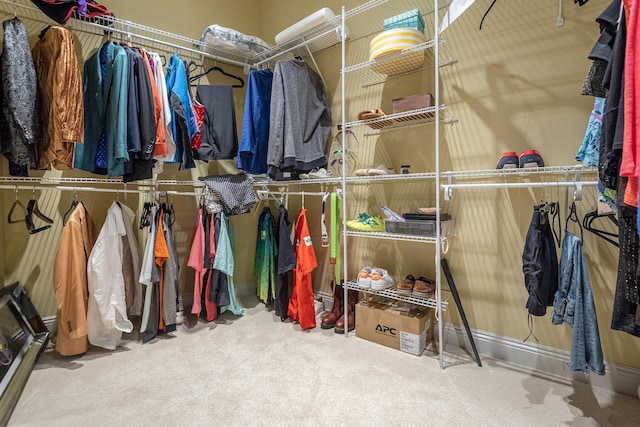 spacious closet featuring light colored carpet