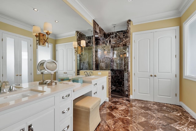 bathroom with walk in shower, large vanity, crown molding, tile flooring, and dual sinks