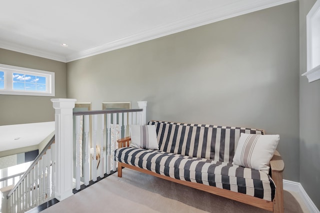 bedroom featuring carpet floors and ornamental molding