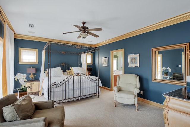 carpeted bedroom featuring ceiling fan, ensuite bathroom, a crib, and ornamental molding