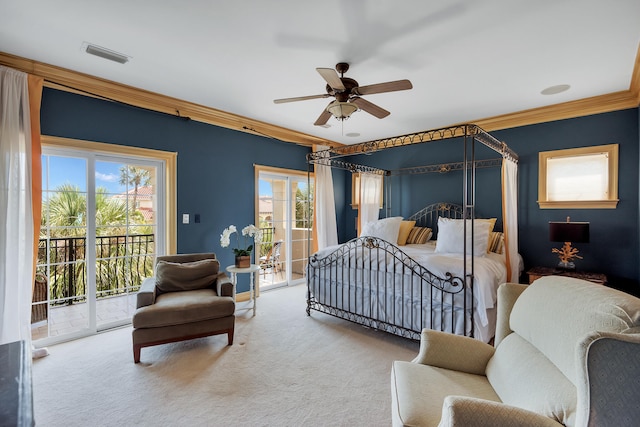 carpeted bedroom with multiple windows, crown molding, ceiling fan, and access to outside