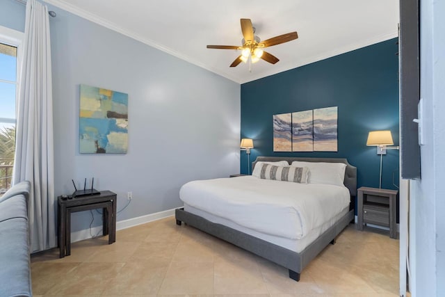 bedroom with ornamental molding, ceiling fan, and light tile flooring