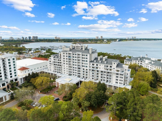 drone / aerial view featuring a water view