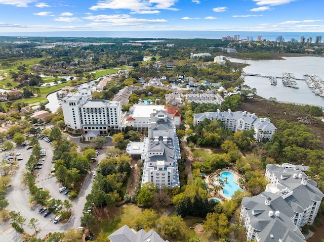 bird's eye view with a water view