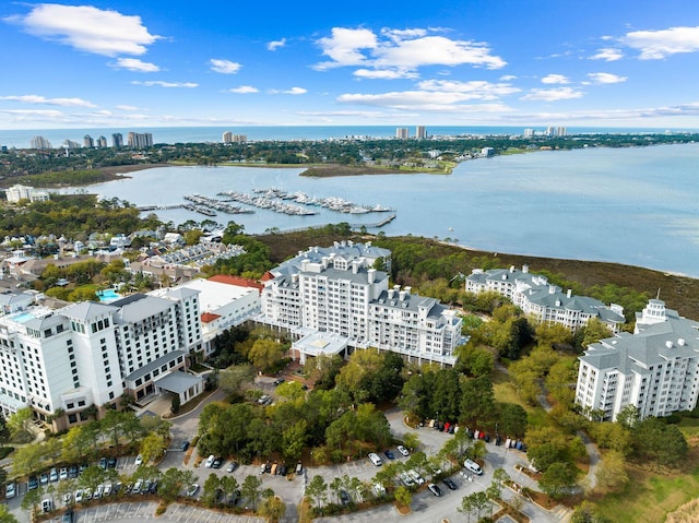 bird's eye view with a water view