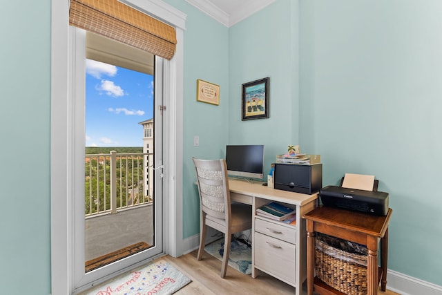 office area featuring ornamental molding and light wood-type flooring