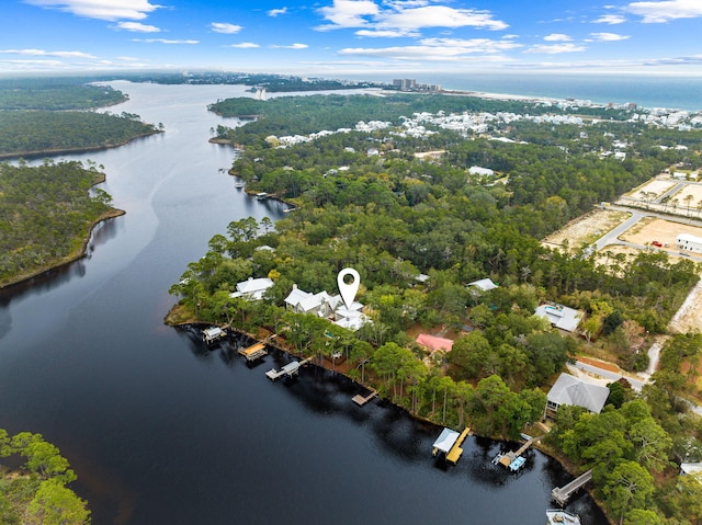 drone / aerial view featuring a water view