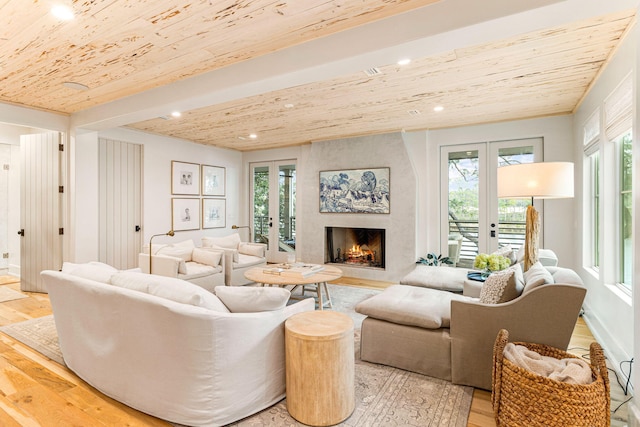 living room with french doors, light wood-type flooring, a wealth of natural light, and a premium fireplace