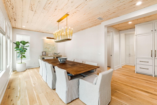 dining space featuring wood ceiling, light hardwood / wood-style floors, and a chandelier