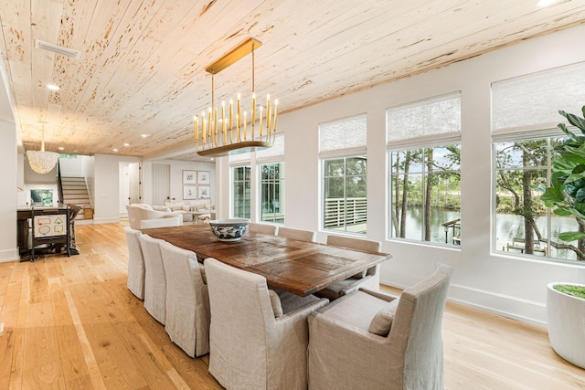 dining room featuring wooden ceiling, light hardwood / wood-style floors, a chandelier, and plenty of natural light