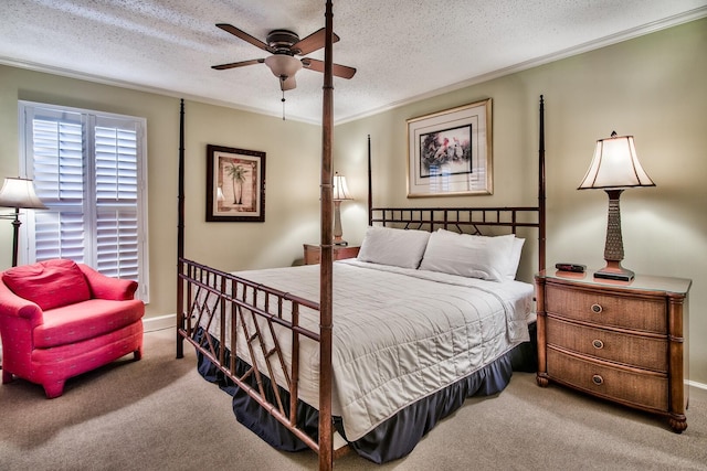 bedroom with light colored carpet, ceiling fan, and a textured ceiling