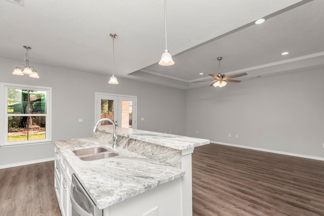 kitchen with a healthy amount of sunlight, sink, dark wood-type flooring, and an island with sink