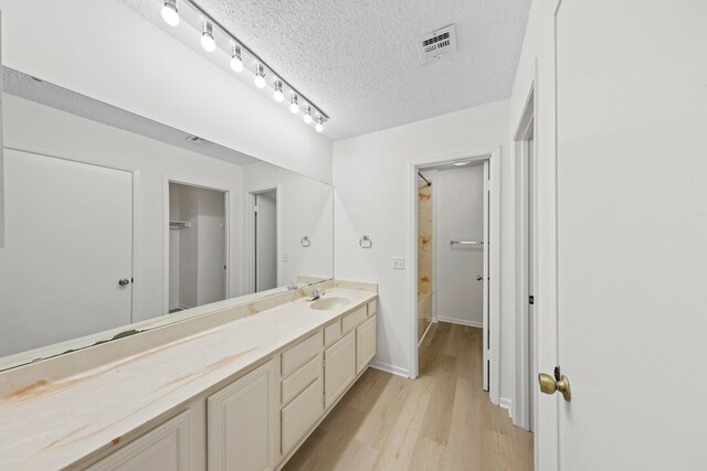 bathroom featuring wood-type flooring, a textured ceiling, vanity, and track lighting