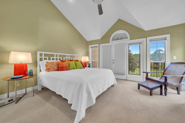 bedroom with light colored carpet, access to exterior, high vaulted ceiling, and ceiling fan