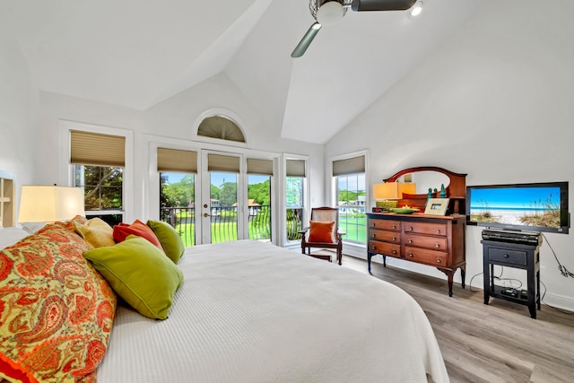64 Vantage Pt Unit 64, Miramar Beach, FL 32550 - bedroom with wood finished floors, access to exterior, high vaulted ceiling, french doors, and a ceiling fan