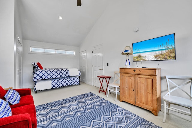 64 Vantage Pt Unit 64, Miramar Beach, FL 32550 - living room featuring high vaulted ceiling, light carpet, and baseboards