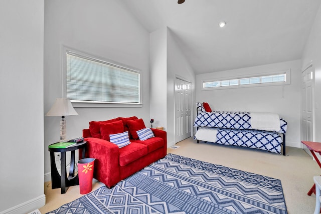 64 Vantage Pt Unit 64, Miramar Beach, FL 32550 - bedroom featuring baseboards, carpet flooring, vaulted ceiling, and a closet