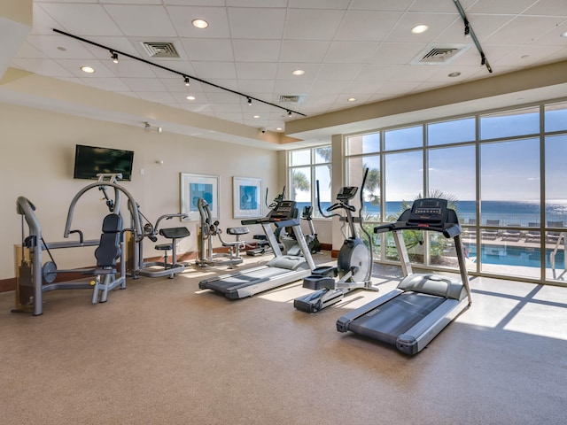 workout area with a drop ceiling, track lighting, and a water view