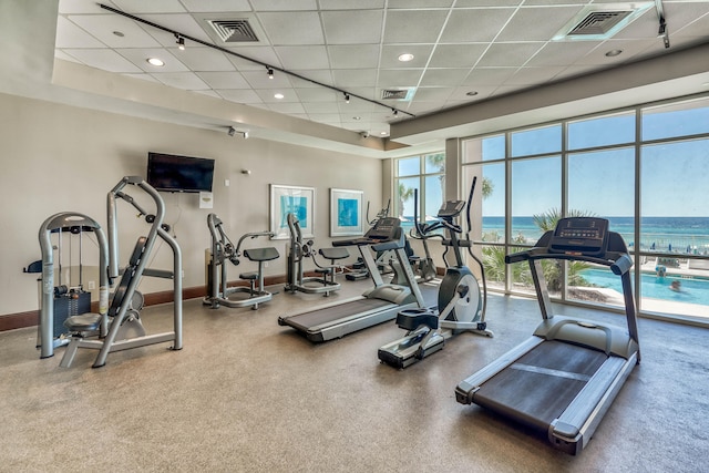 workout area featuring a water view and track lighting