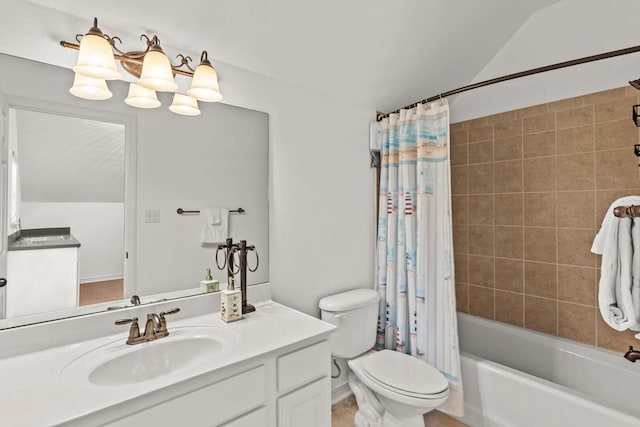 full bathroom with large vanity, vaulted ceiling, toilet, and shower / bath combo with shower curtain