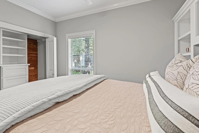 bedroom featuring ceiling fan and crown molding