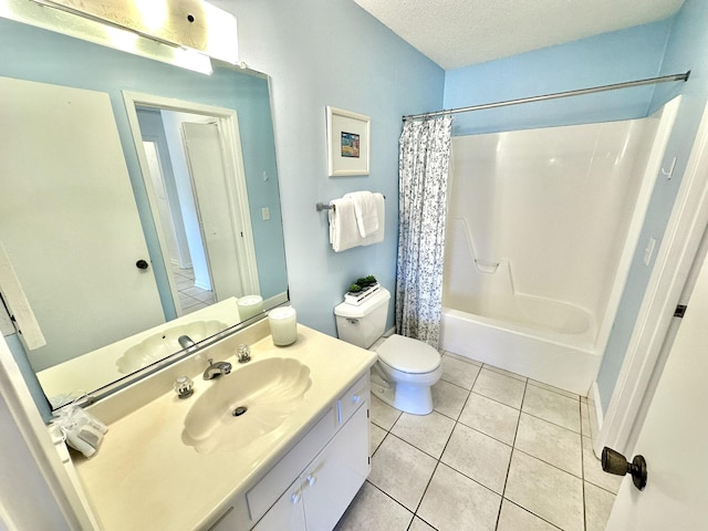 full bathroom featuring tile patterned floors, shower / bath combination with curtain, a textured ceiling, toilet, and vanity