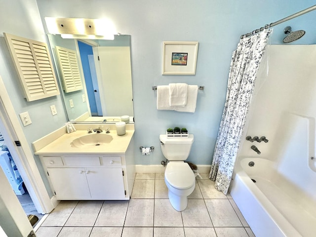 full bathroom featuring tile patterned floors, shower / bath combination with curtain, toilet, and vanity