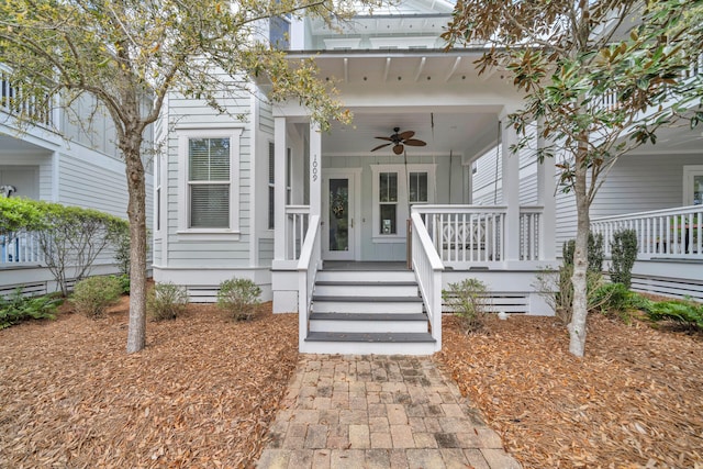 view of front of home with covered porch and ceiling fan