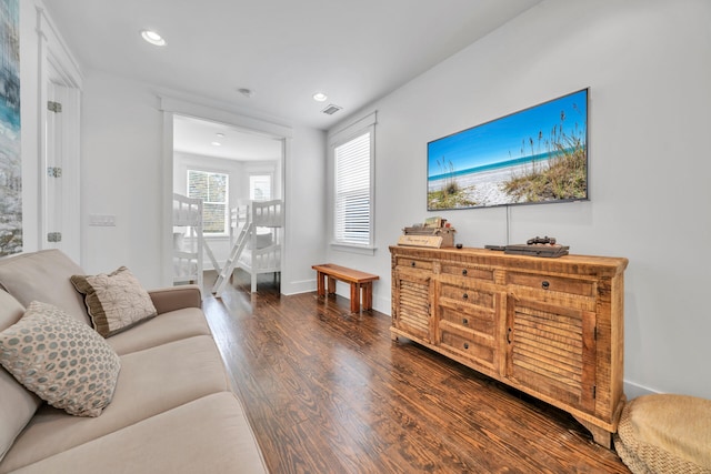 living room with dark wood-type flooring