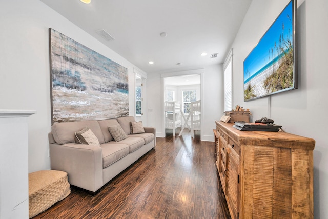 living room with dark hardwood / wood-style floors