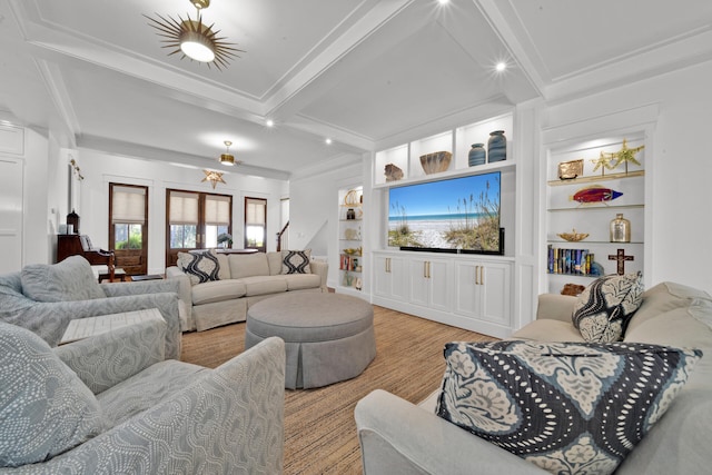 living room with coffered ceiling, crown molding, built in features, beam ceiling, and light hardwood / wood-style floors