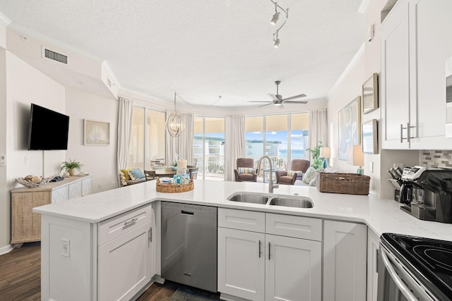 kitchen featuring white cabinets, kitchen peninsula, appliances with stainless steel finishes, and sink