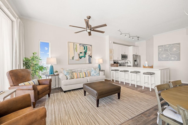 living room with ceiling fan, crown molding, light hardwood / wood-style flooring, and sink