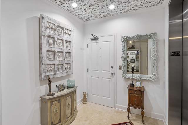 doorway to outside featuring light tile patterned floors and crown molding