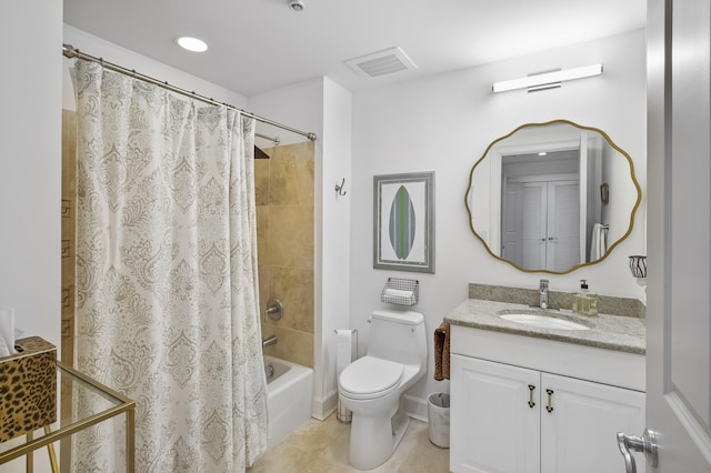 full bathroom featuring vanity, toilet, shower / bathtub combination with curtain, and tile patterned floors