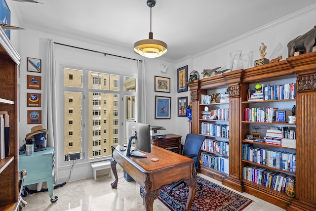 office featuring crown molding and light tile patterned floors