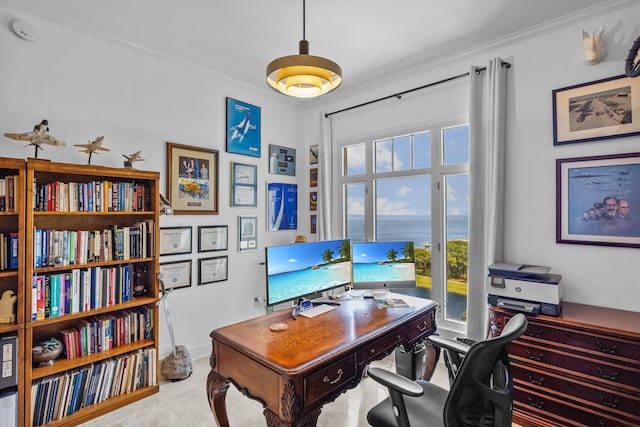 tiled office space with a healthy amount of sunlight and crown molding