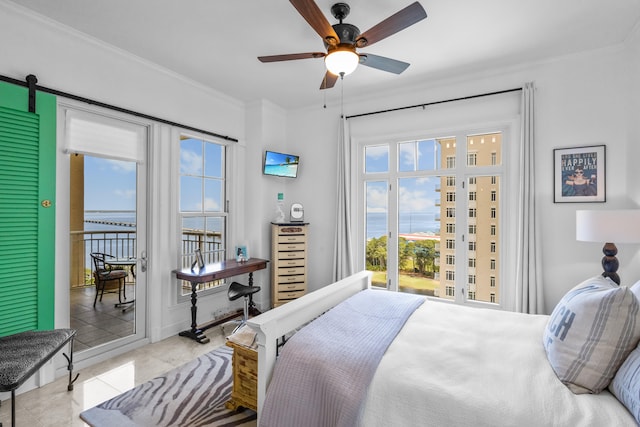 bedroom featuring ceiling fan, ornamental molding, a barn door, access to outside, and light tile patterned floors