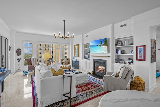 tiled living room with crown molding, built in shelves, and a notable chandelier