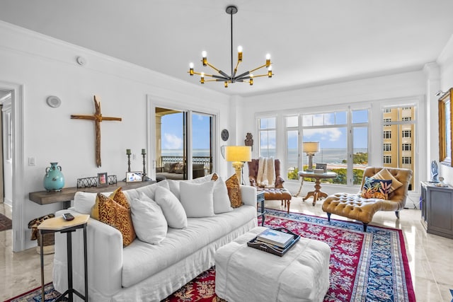 living room with ornamental molding, light tile patterned floors, and a chandelier