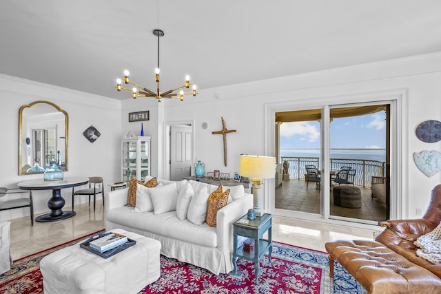 living room featuring tile patterned flooring, an inviting chandelier, a water view, and ornamental molding